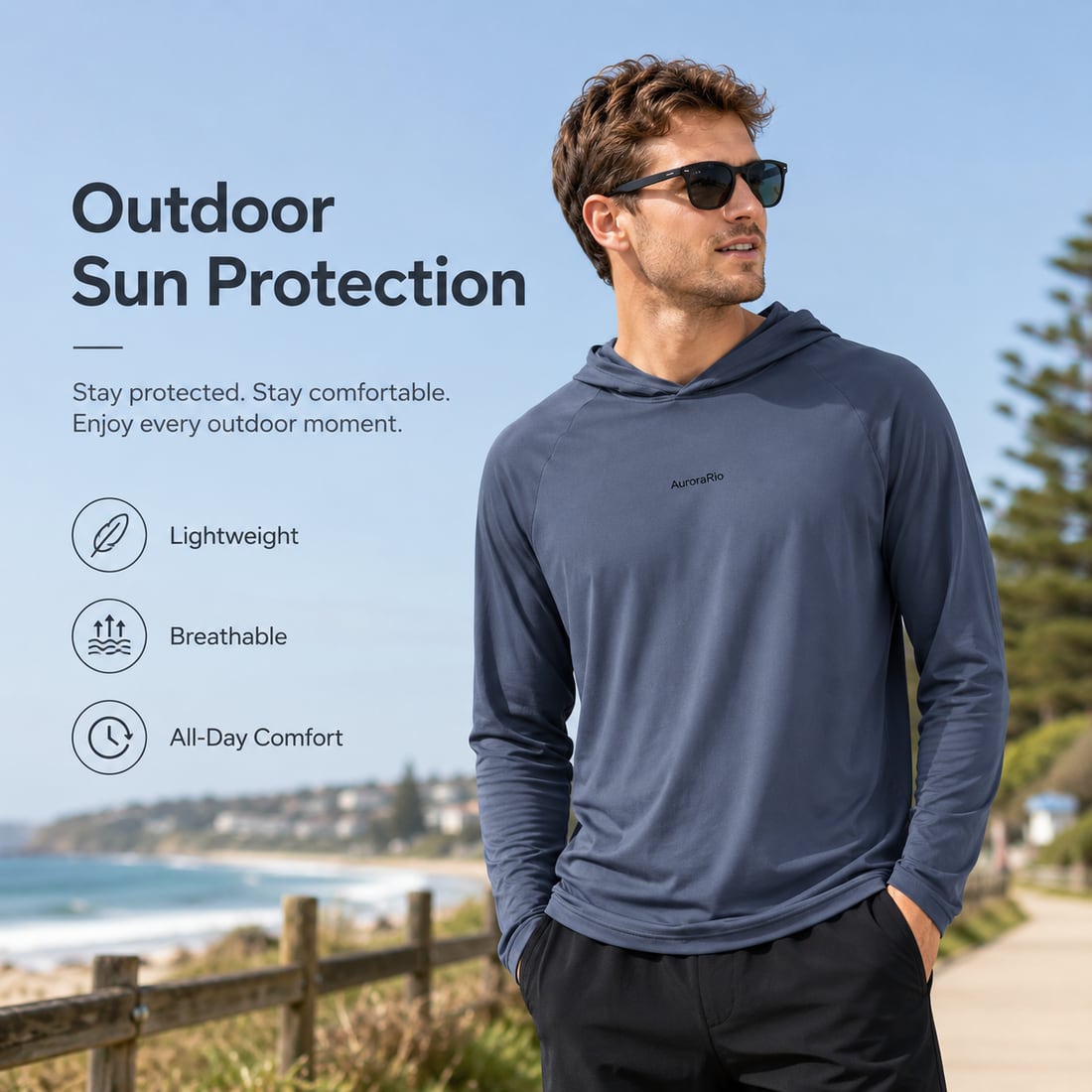 AuroraRio sun protection hoodie worn outdoors on the coast